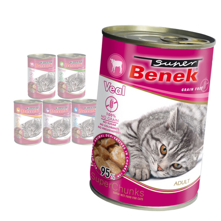 Super Benek Chunks Bezzbożowa Mokra Karma Dla Kota Mix 5 Smaków W Sosie 6x415g Cielęcina Królik Kaczka Indyk Dziczyzna