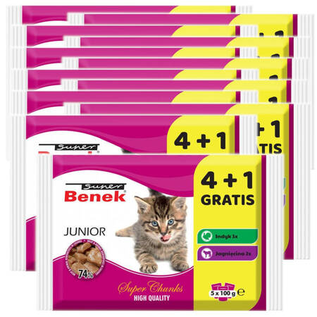 Super Benek Junior Mix 48+12 Gratis (60x100g) Mokra Karma Dla Młodych Kotów Mix Smaków Indyk Jagnięcina