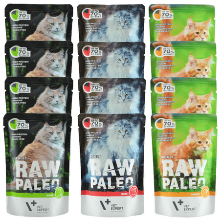 Vet Expert Raw Paleo Adult 12x100g Mokra Karma Dla Kotów 70% Dziczyzny Indyka I Wołowiny Bez Zbóż