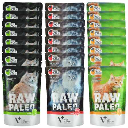Vet Expert Raw Paleo Adult 24x100g Mokra Karma Dla Kotów 70% Dziczyzny Indyka I Wołowiny Bez Zbóż