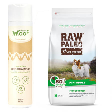 Vet Expert Raw Paleo Mini Size Adult Turkey 8kg Sucha Karma Dla Psów Małych Ras + Green Woof Sensitive Shampoo 250ml