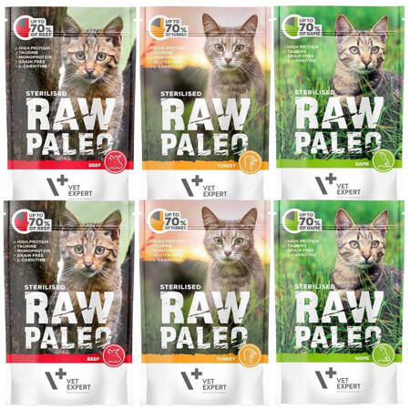 Vet Expert Raw Paleo Sterilised 6x100g Mokra Karma Dla Kotów 68% Wołowiny Indyka I Dziczyzny