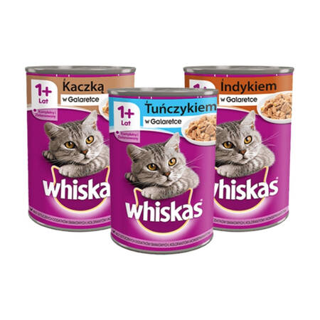 WHISKAS 1+ ADULT MIX SMAKÓW( indyk 8x, kaczka 8x, tuńczyk 8x) w Galaretce  24*400 g Puszka Karma Mokra dla dorosłych kotów