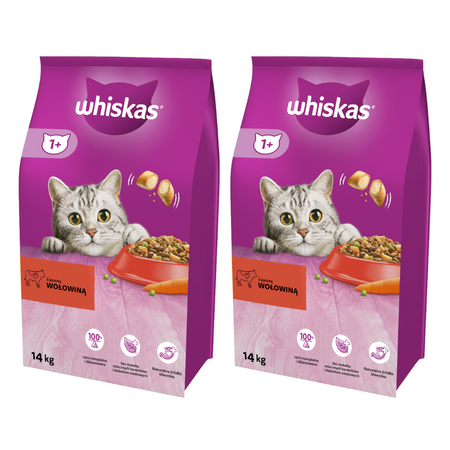 WHISKAS Adult 2x 14kg - sucha karma dla kotów z wołowiną i warzywami