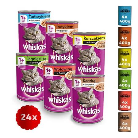 WHISKAS Adult 6 smaków GALARETKA SOS 24*400 g Puszka Karma Mokra dla dorosłych kotów