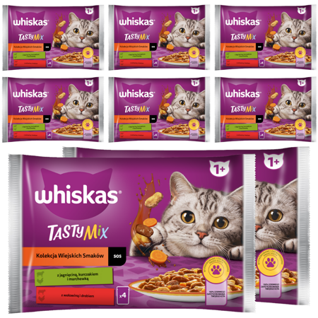 WHISKAS Adult Saszetka 32 x 85g Kolekcja Wiejskich Smaków Mokra Karma Dla Dorosłego Kota w Sosie Kawałki z Jagnięciną Kurczakiem i Marchewką, Wołowiną i Drobiem