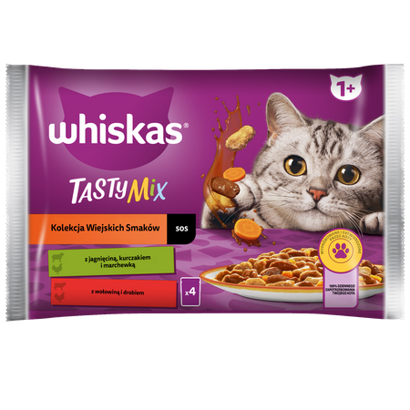 WHISKAS Adult Saszetka 4 x 85g Kolekcja Wiejskich Smaków Mokra Karma Dla Dorosłego Kota w Sosie Kawałki z Jagnięciną Kurczakiem i Marchewką, Wołowiną i Drobiem