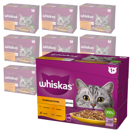 WHISKAS Adult Saszetki 120x85g Drobiowa Uczta Mokra Karma Dla Dorosłego Kota w Galaretce Kawałki z Kurczakiem Kaczką Drobiem Indykiem