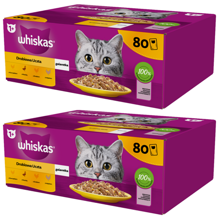 WHISKAS Adult Saszetki 160 x 85g Drobiowa Uczta - Mokra Karma Dla Dorosłego Kota w Galaretce (kawałki z: kurczakiem, kaczką, drobiem, indykiem)