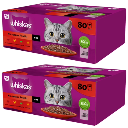 WHISKAS Adult Saszetki 160 x 85g Klasyczne Posiłki - Mokra Karma Dla Dorosłego Kota w Sosie (kawałki z: wołowiną, kurczakiem, jagnięciną, drobiem)