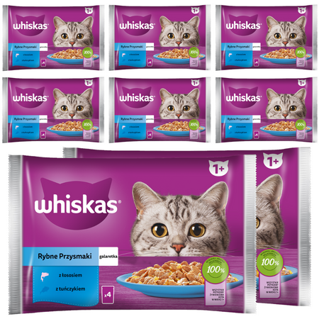 WHISKAS Adult Saszetki 32 x 85g Rybne Przysmaki Mokra Karma Dla Dorosłego Kota w Galaretce Kawałki z Łososiem i z Tuńczykiem