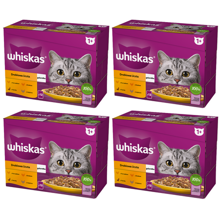 WHISKAS Adult Saszetki 48 x 85g Drobiowa Uczta Mokra Karma Dla Dorosłego Kota w Galaretce Kawałki z Kurczakiem Kaczką Drobiem Indykiem