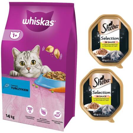 WHISKAS Adult TUŃCZYK 14kg + Sheba Selection Królik w Sosie 2x 85g GRATIS karma dla kotów