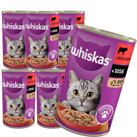 WHISKAS Adult puszka 6x 400g - mokra karma dla dorosłych kotów z wołowiną w sosie