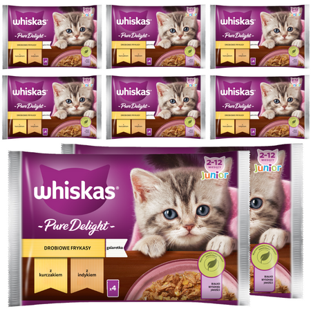 WHISKAS Junior Saszetki 32 x 85g Drobiowe Frykasy Mokra Karma Dla Kociąt w Galaretce Kawałki z Kurczakiem i z Indykiem