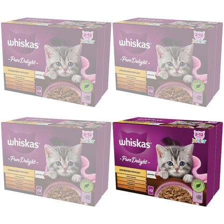 WHISKAS Junior Saszetki 48 x 85g Drobiowe Frykasy Mokra Karma Dla Kociąt w Galaretce Kawałki z Kurczakiem Indykiem Drobiem Kaczką