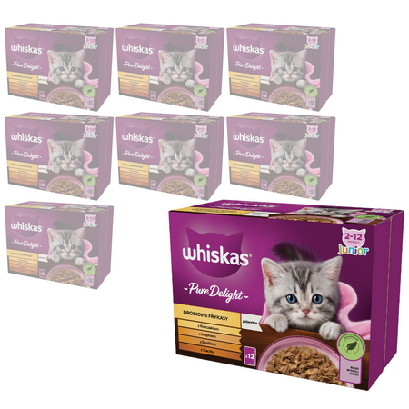 WHISKAS Junior Saszetki 96x85g Drobiowe Frykasy Mokra Karma Dla Kociąt w Galaretce Kawałki z Kurczakiem Indykiem Drobiem Kaczką