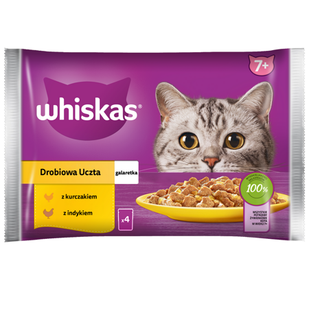 WHISKAS Senior Drobiowa Uczta 4x85g Mokra Karma Dla Starszego Kota w Galaretce Kawałki z Kurczakiem i Indykiem