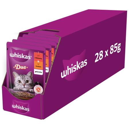 Whiskas Adult 28x85g Mokra Karma Dla Dorosłych Kotów Kawałki Z Wołowiną I Drobiem W Galaretce