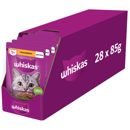 Whiskas Adult 28x85g Mokra Karma Pełnoporcjowa Dla Dorosłych Kotów Kawałki Z Kurczakiem W Galaretce