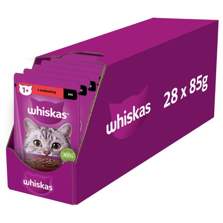 Whiskas Adult 28x85g Mokra Karma Pełnoporcjowa Dla Dorosłych Kotów Kawałki Z Wołowiną W Sosie