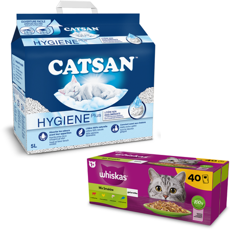 Whiskas Adult 40x85g Mix Smaków W Galaretce Mokra Karma Dla Kotów + Catsan Hygiene Plus 5L Żwirek Bentonitowy Niezbrylający