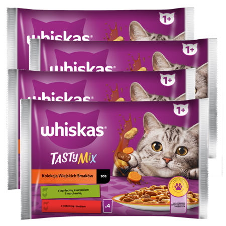 Whiskas Adult 4x340g Kolekcja Wiejskich Smaków Mokra Karma Dla Dorosłego Kota W Sosie Kawałki Z Jagnięciną Kurczakiem I Marchewką, Wołowiną I Drobiem