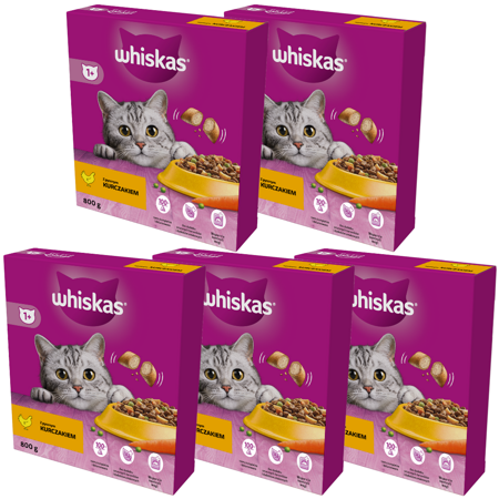 Whiskas Adult 5x800g Sucha Karma Pełnoporcjowa Dla Dorosłych Kotów Z Kurczakiem