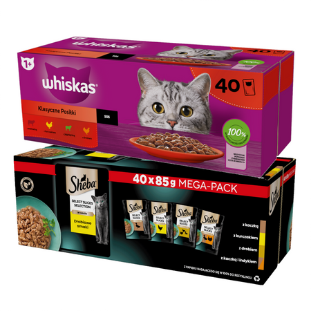 Whiskas Adult Klasyczne Posiłki + Sheba Selection in Sauce Kolekcja Drobiowych Smaków Mokra Karma Dla Kota W Sosie 80x85g