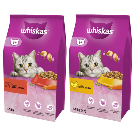 Whiskas Adult Kurczak, Whiskas Adult Wołowina - Sucha Karma Dla Kotów 2x 14kg (28kg)