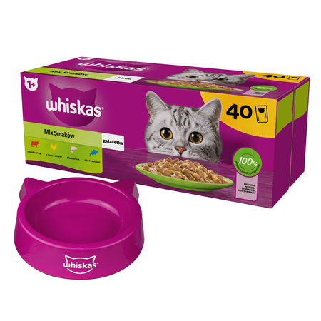 Whiskas Adult Mix Smaków 40x85g Mokra Karma Dla Kota 4 Smaki W Galaretce + Miska Gratis