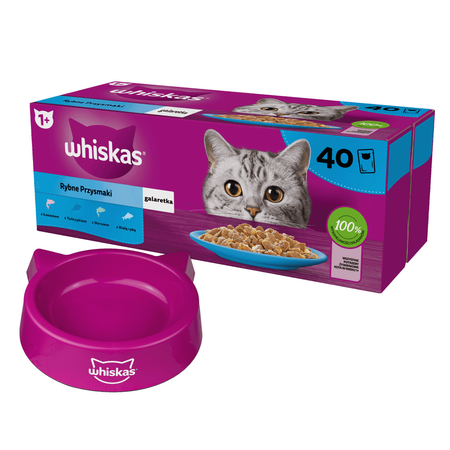 Whiskas Adult Rybne Przysmaki 40x85g Mokra Karma Dla Kota 4 Smaki W Galaretce + Miska Gratis