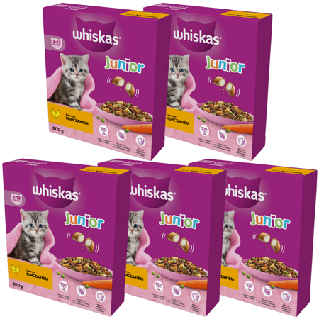 Whiskas Junior 5x800g Sucha Karma Pełnoporcjowa Dla Kociąt Z Kurczakiem