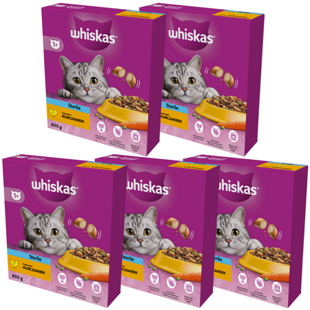 Whiskas Sterile 5x800g Sucha Karma Dla Dorosłych Kotów Po Zabiegu Kastracji Z Kurczakiem