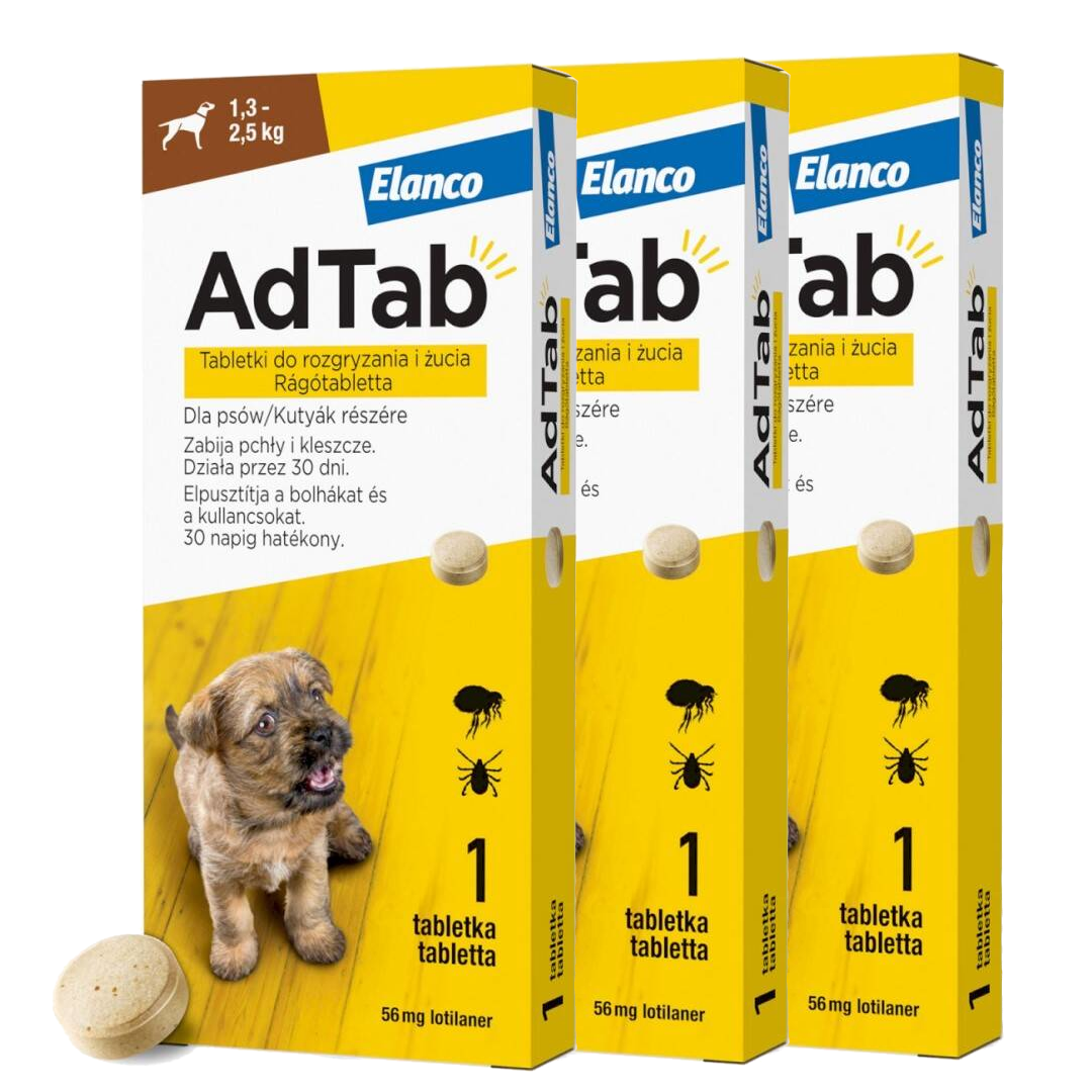 AdTab Tabletka Dla Psa 1,3-2,5kg Do Rozgryzania Na Pchły I Kleszcze 3szt.