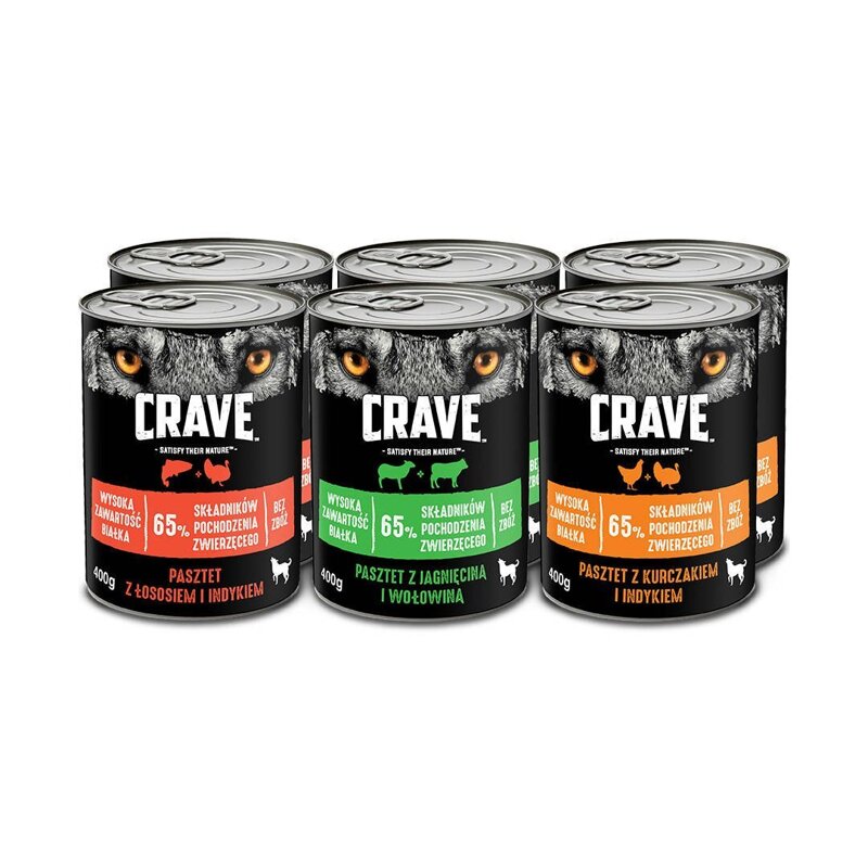 CRAVE Puszka 6x400g MIX 3 SMAKÓW Pasztet - pełnoporcjowa bezzbożowa mokra karma dla kotów