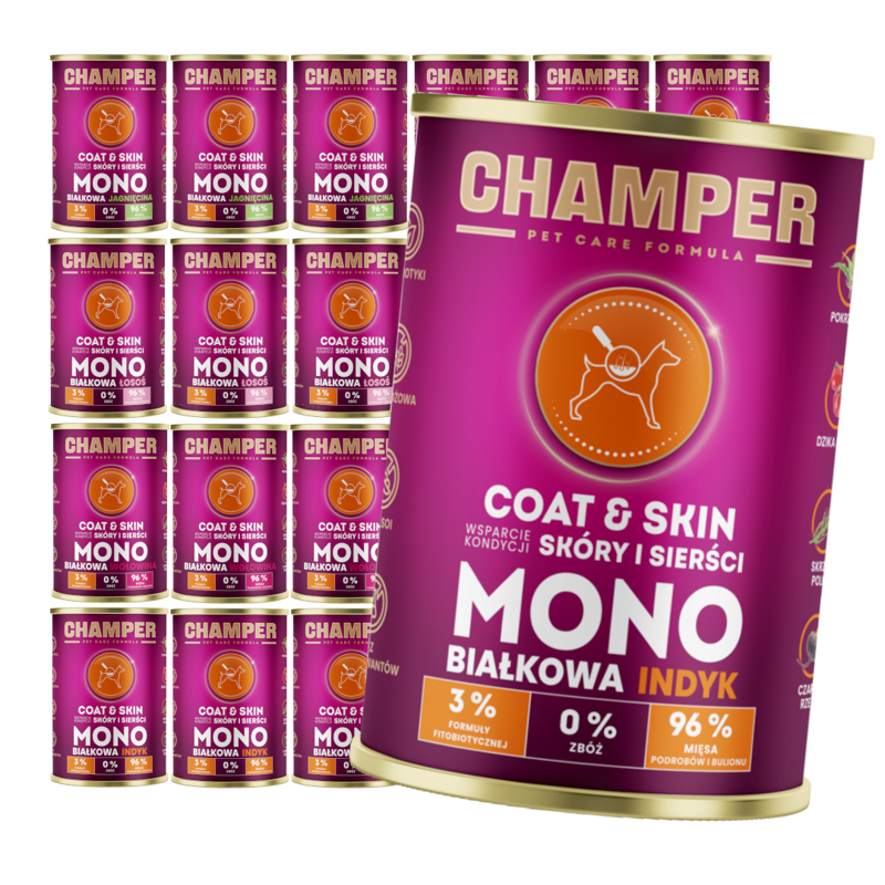 Champer Coat & Skin 24x400g Monobiałkowa Mokra Karma Dla Psa Mix Smaków Wsparcie Kondycji Skóry I Sierści