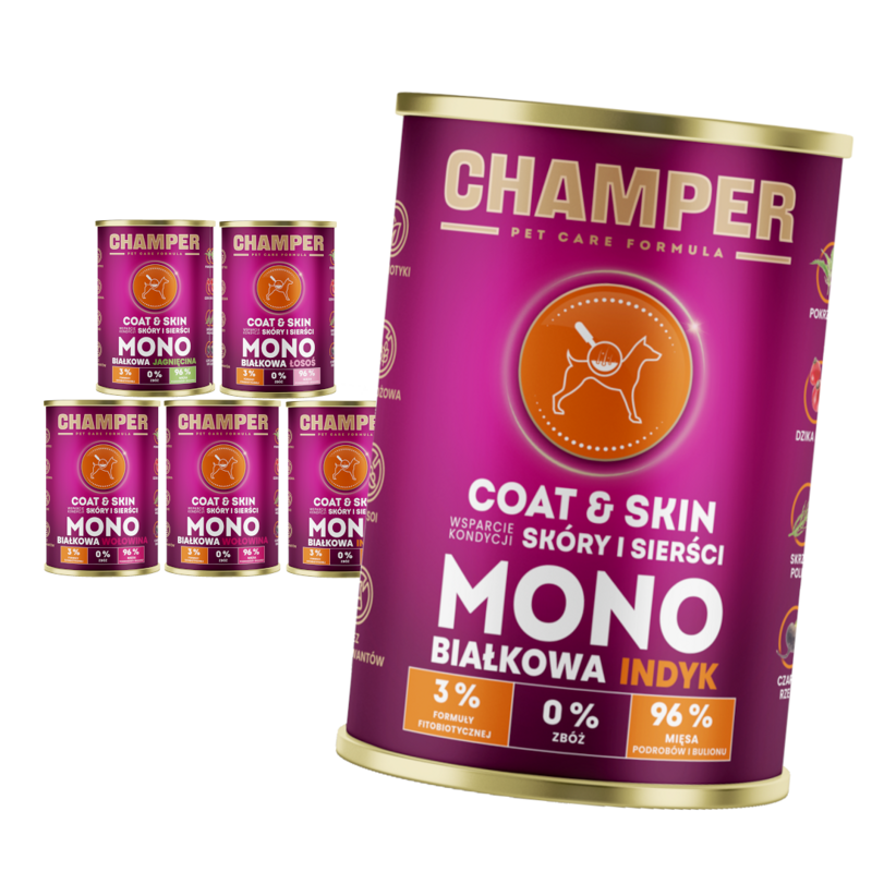 Champer Coat & Skin 6x400g Monobiałkowa Mokra Karma Dla Psa Mix Smaków Wsparcie Kondycji Skóry I Sierści