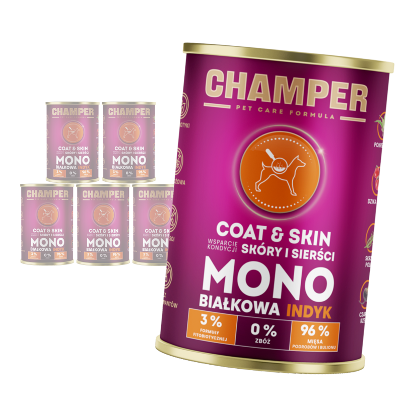 Champer Coat & Skin 6x400g Monobiałkowa Mokra Karma Dla Psa Z Indykiem Wsparcie Kondycji Skóry I Sierści