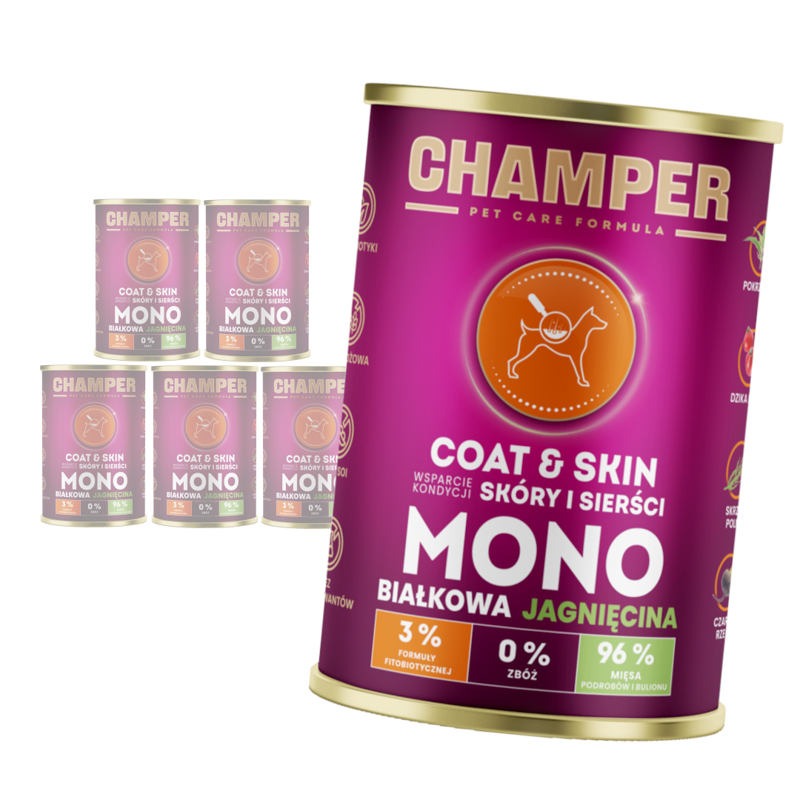 Champer Coat & Skin 6x400g Monobiałkowa Mokra Karma Dla Psa Z Jagnięciną Wsparcie Kondycji Skóry I Sierści