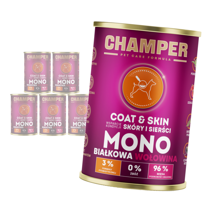 Champer Coat & Skin 6x400g Monobiałkowa Mokra Karma Dla Psa Z Wołowiną Wsparcie Kondycji Skóry I Sierści