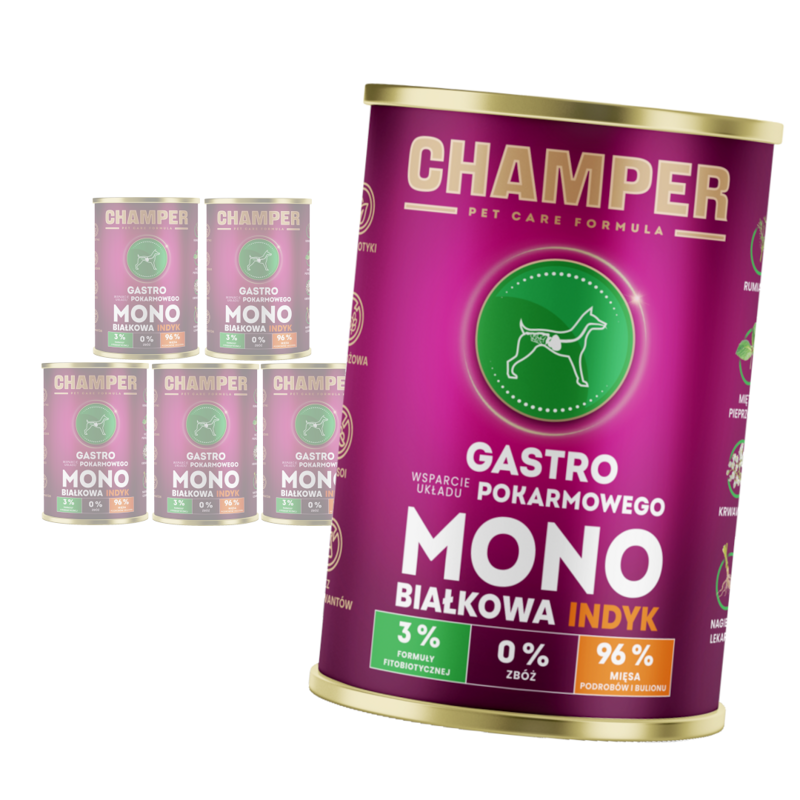 Champer Gastro 6x400g Monobiałkowa Mokra Karma Dla Psa Z Indykiem Wsparcie Układu Pokarmowego