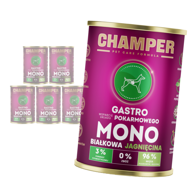 Champer Gastro 6x400g Monobiałkowa Mokra Karma Dla Psa Z Jagnięciną Wsparcie Układu Pokarmowego