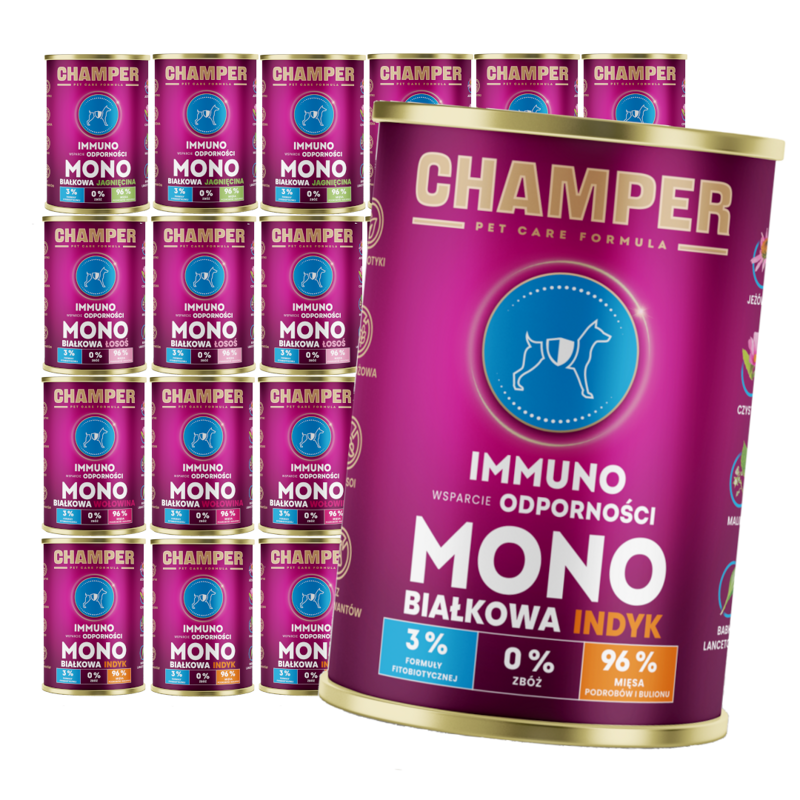 Champer Immuno Monobiałkowa 24x400g Mokra Karma Dla Psa Mix Smaków Wsparcie Odporności