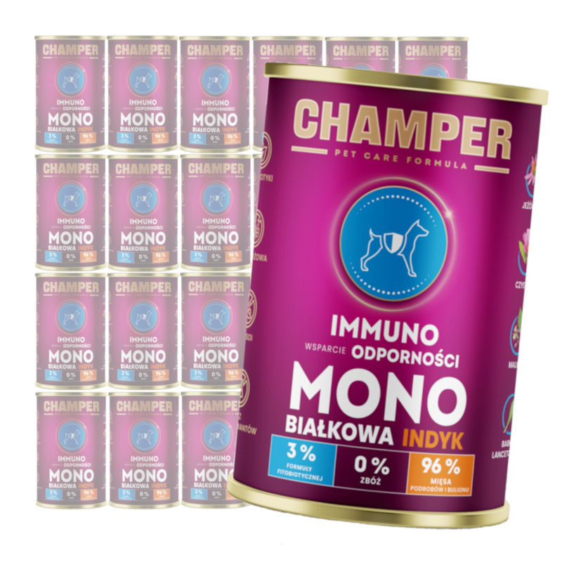 Champer Immuno Monobiałkowa 24x400g Mokra Karma Dla Psa Z Indykiem Wsparcie Odporności