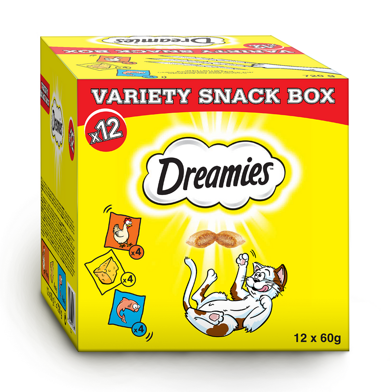 DREAMIES Variety Snack Box – karma uzupełniająca dla kotów (z kurczakiem, z serem i o smaku łososia) - 720g - 12x60