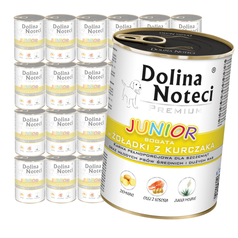 Dolina Noteci Premium Junior 24x400g Mokra Karma Dla Szczeniąt Średnich i Dużych Ras Bogata W Żołądki z Kurczaka