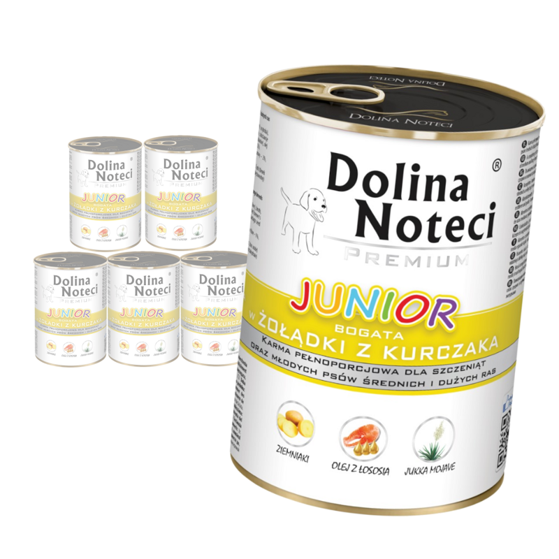 Dolina Noteci Premium Junior 6x400g Mokra Karma Dla Szczeniąt Średnich i Dużych Ras Bogata W Żołądki z Kurczaka