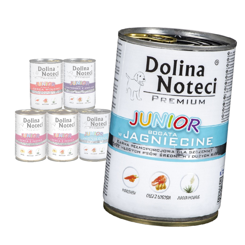 Dolina Noteci Premium Junior Mix 4 Smaków Mokra Karma Dla Szczeniąt 6x400g Indyk Jagnięcina Królik Wołowina