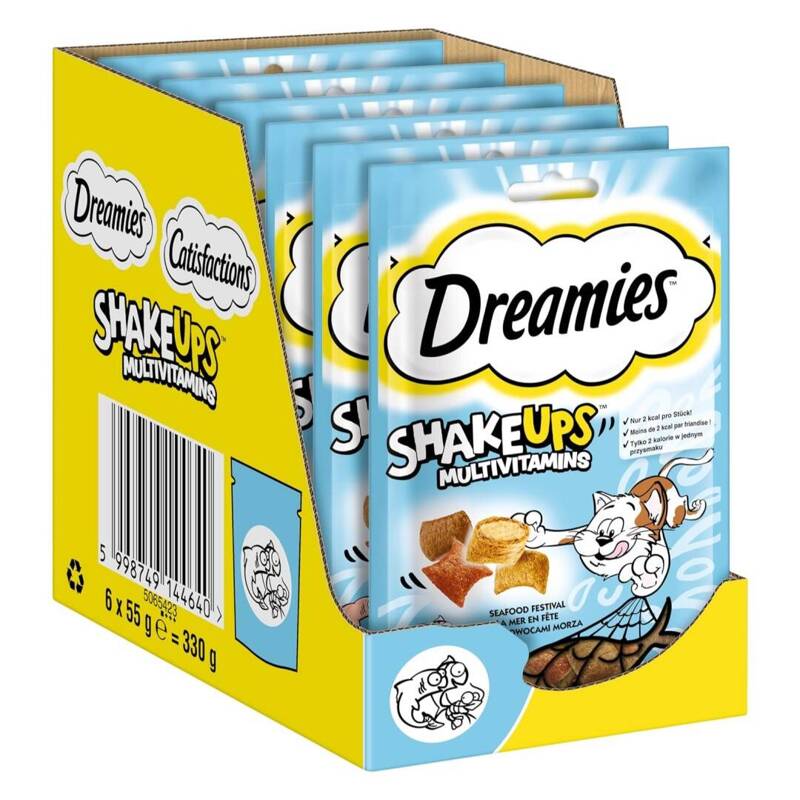 Dreamies Shake Ups Multivitamins 6x55g Przysmak Dla Kota z Owocami Morza o Smaku Łososia Tuńczyka i Krewetek